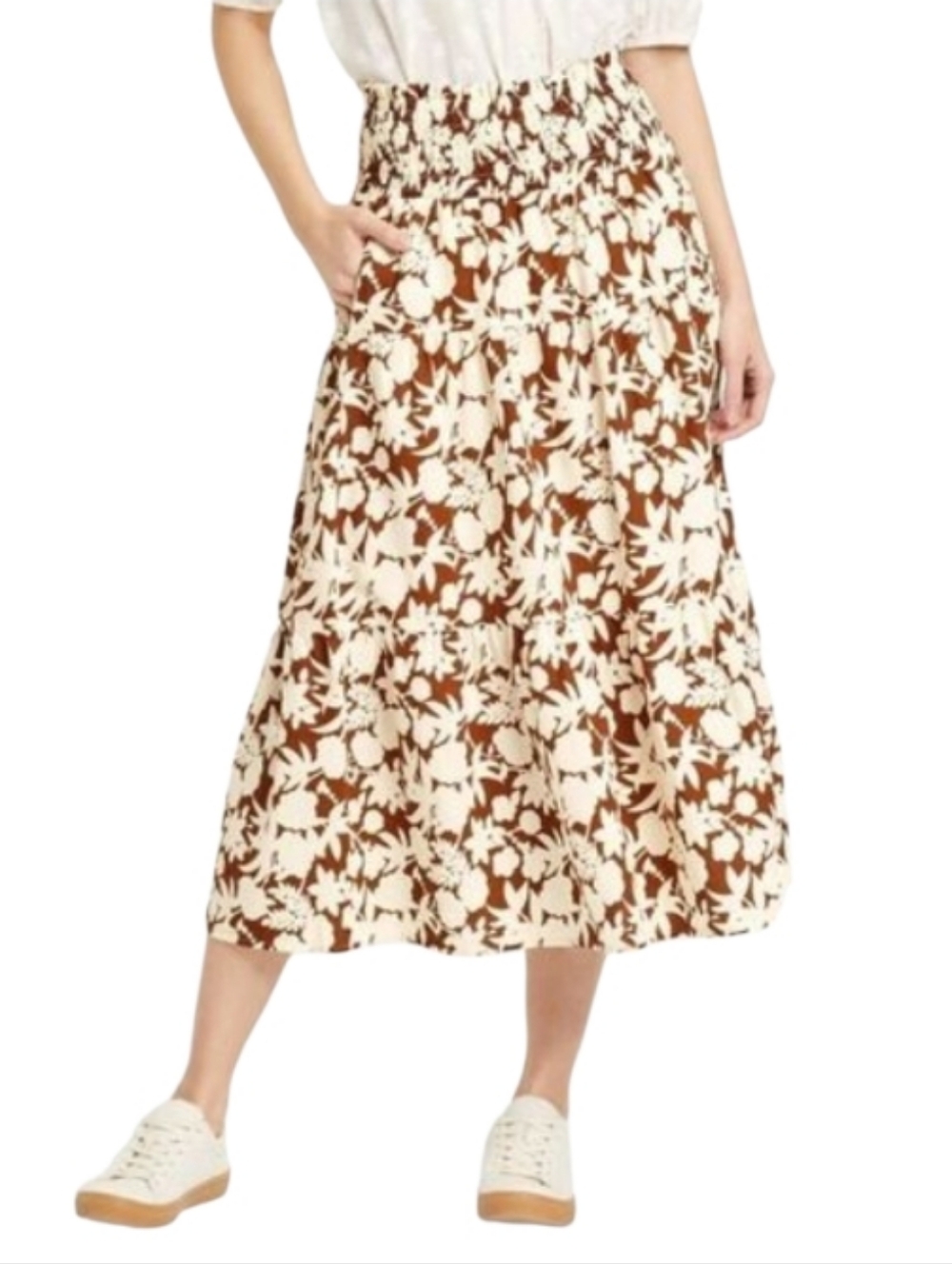 Universal Thread | Brown and Cream Floral Tiered Midi Skirt Size Large